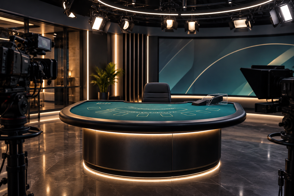 Modern live casino studio with gaming table and professional cameras